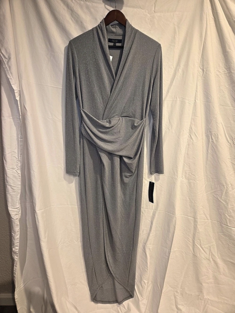 Rachel Roy Shimmer Draped Maxi Dress in Grey Size Large NWT